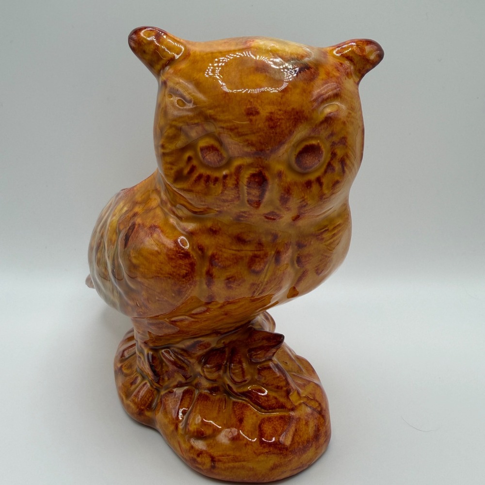 VTG 1981 Owl Planter Ceramic Drip Glaze Amber Brown MCM Decor Farm